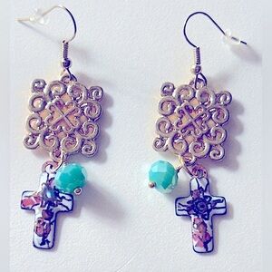 NWOT Earrings “Flowering the Cross” Artisan Copper Enamel Cross, gold scroll 2”